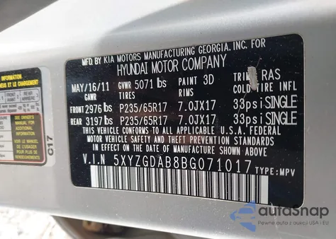 2011 Hyundai Santa Fe Gls из США, поврежденный, VIN 5XYZGDAB8BG071017